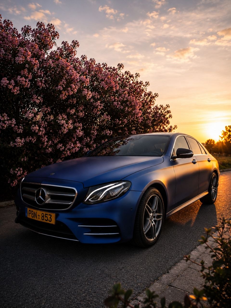 Mercedes E-Class on the Cyprus coast at golden hour